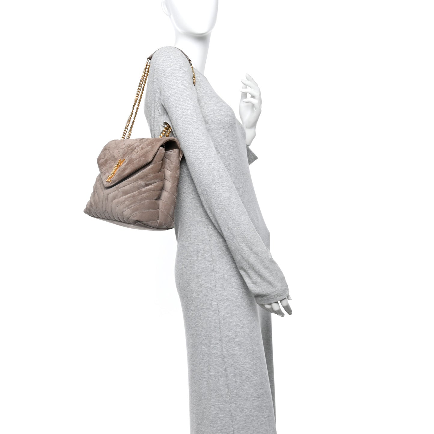 Suede Y Quilted Monogram Medium Loulou Chain Satchel Taupe