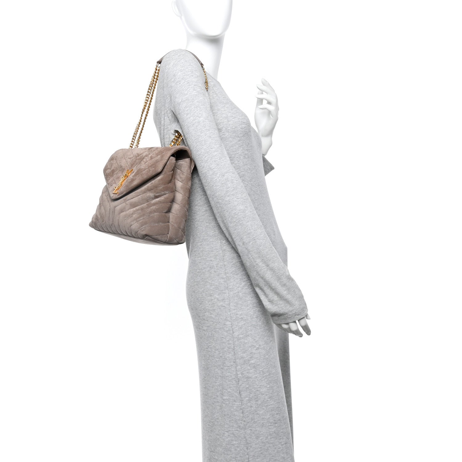 Saint Laurent Suede Y Quilted Monogram Medium Loulou Chain Satchel Taupe 2 of 12