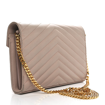 Saint Laurent Grain De Poudre Matelasse Chevron Cassandre Envelope Chain Wallet Dark Beige 3 of 15
