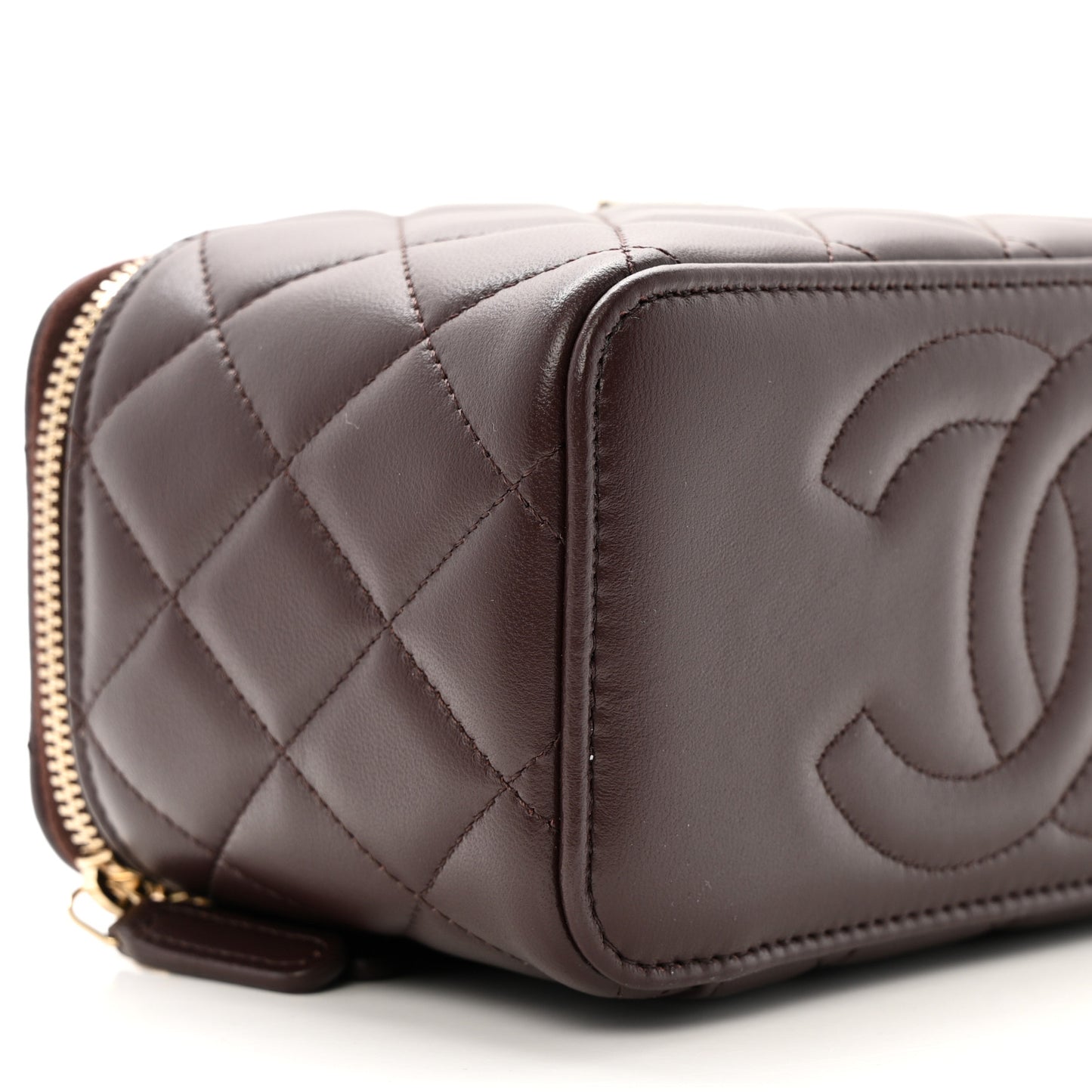 Lambskin Quilted Small Top Handle Vanity Case With Chain Dark Brown