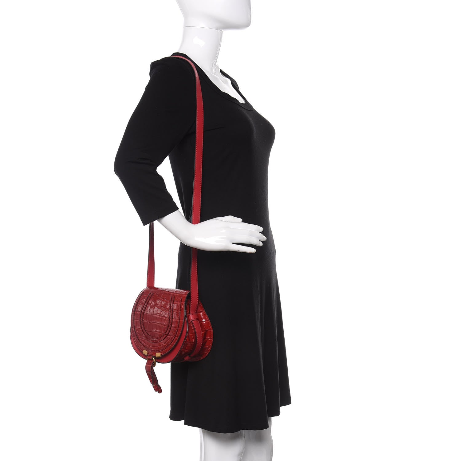 Chloe Calfskin Crocodile Embossed Mini Marcie Round Crossbody Bag Dusky Red 2 of 10