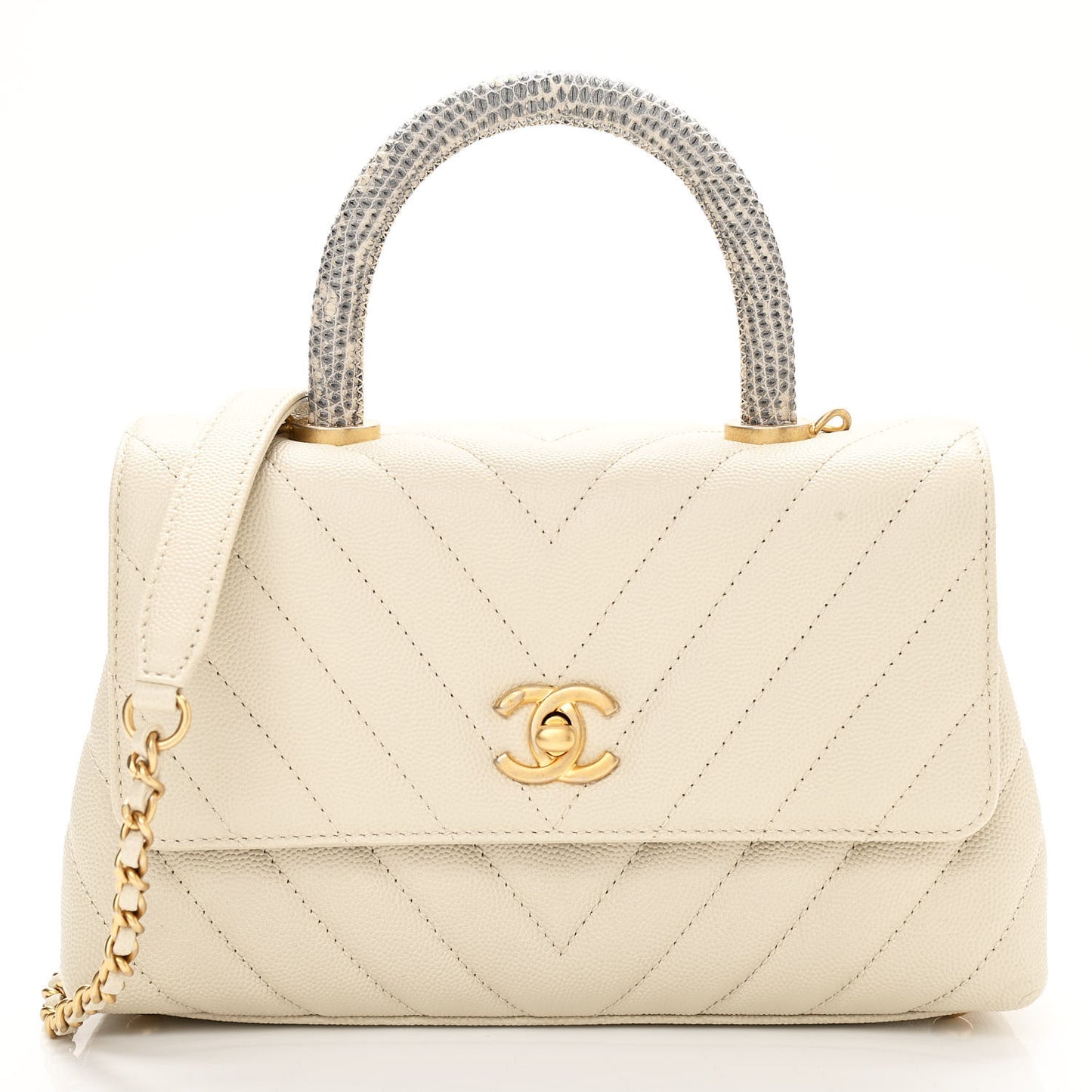 Caviar Lizard Chevron Quilted Mini Coco Handle Flap Ivory