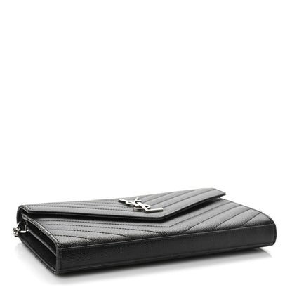 Saint Laurent Grain De Poudre Matelasse Chevron Monogram Chain Wallet Black 4 of 9