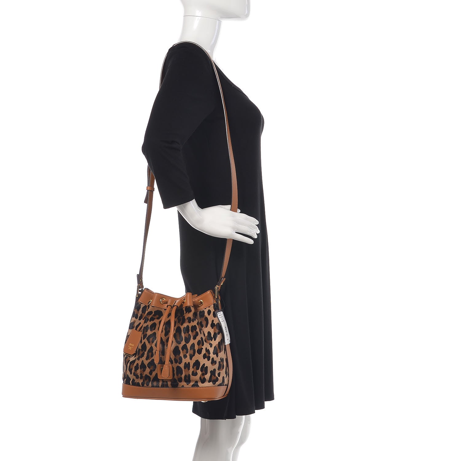 MCM Calf Hair Calfskin Small Drawstring Bucket Bag Leopard 2 of 9
