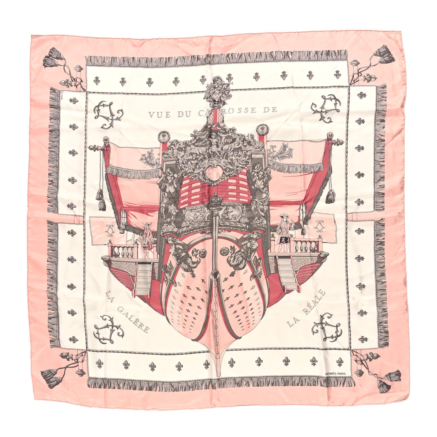 Hermes Silk Vue Du Carosse De La Galere La Reale Scarf 90 Rose White Gris 1 of 6