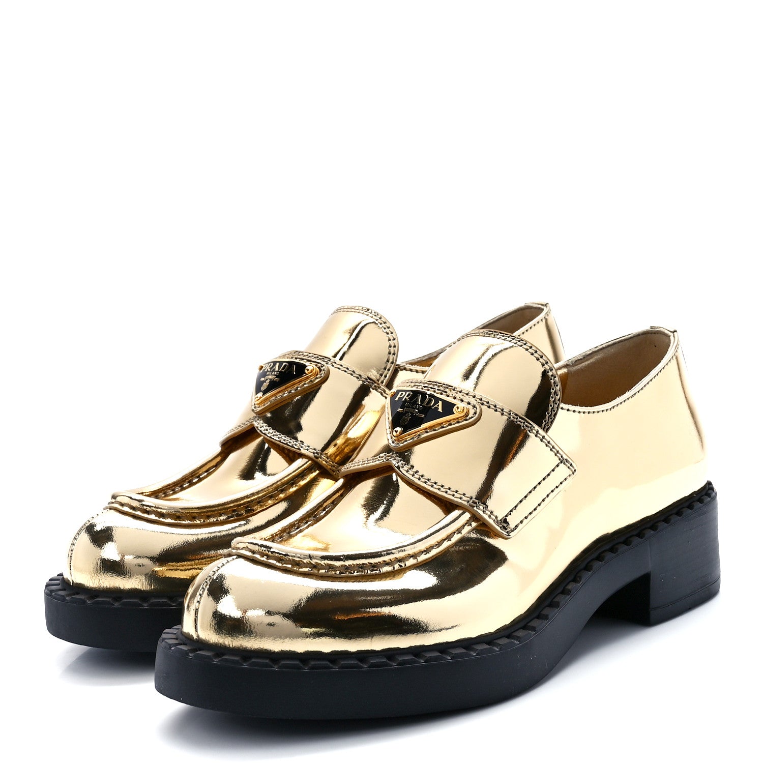 Prada Metallic Brushed Calfskin Metal Triangle Logo 50mm Loafers 35 Platino 3 of 9