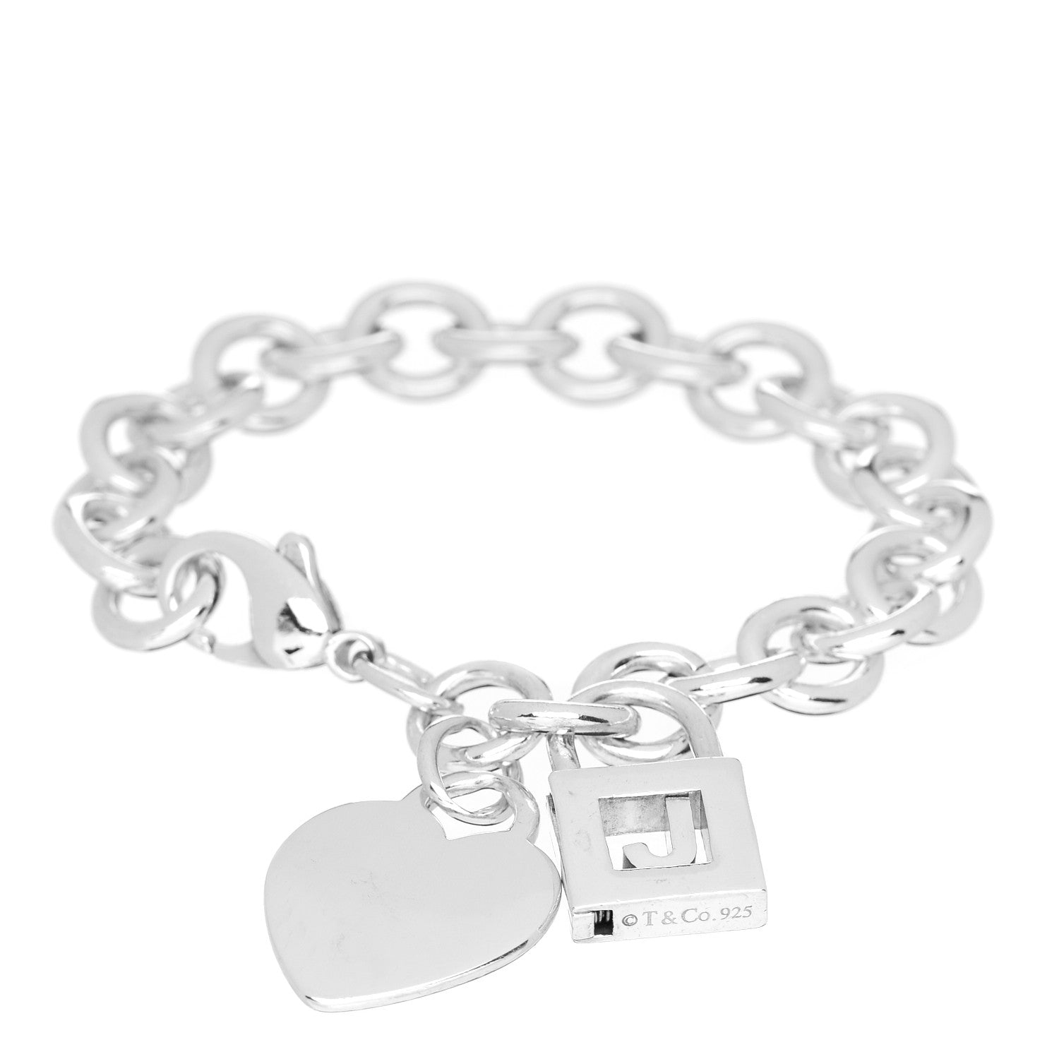 Tiffany Sterling Silver Heart J Lock Tag Charm Bracelet 1 of 3