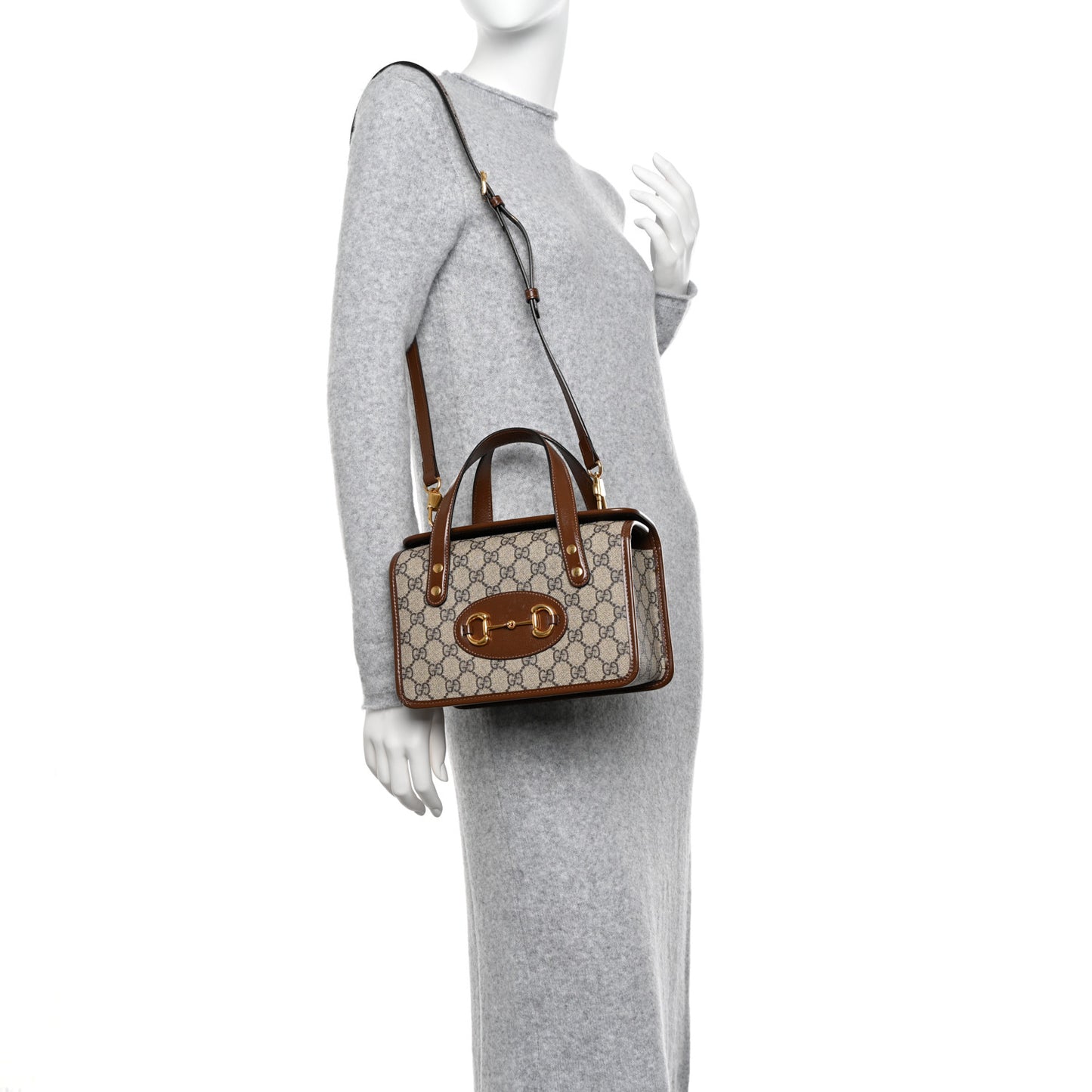 GG Supreme Monogram Azalea Calfskin Mini Horsebit 1955 Foldover Top Handle Bag Beige Ebony Brown Sugar