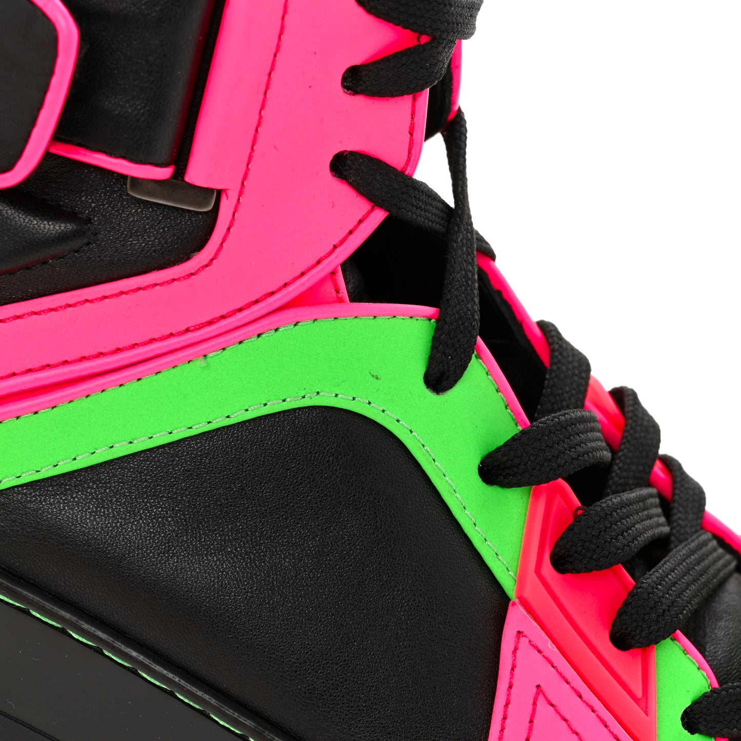 Calfskin Womens Neon High Top Sneakers 37 Black Neon Green Pink