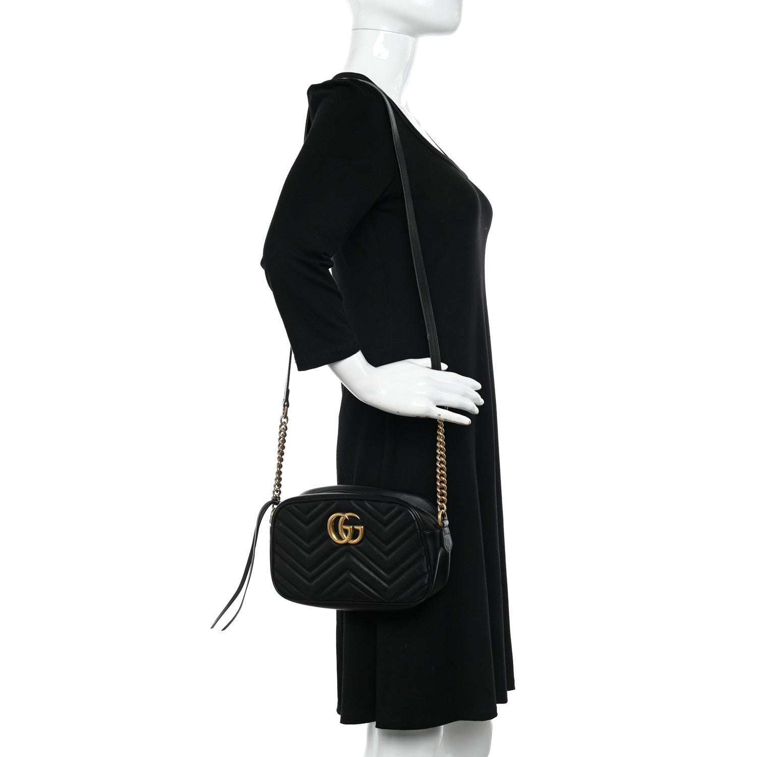 Gucci Calfskin Matelasse Small GG Marmont Chain Shoulder Bag Black 2 of 11