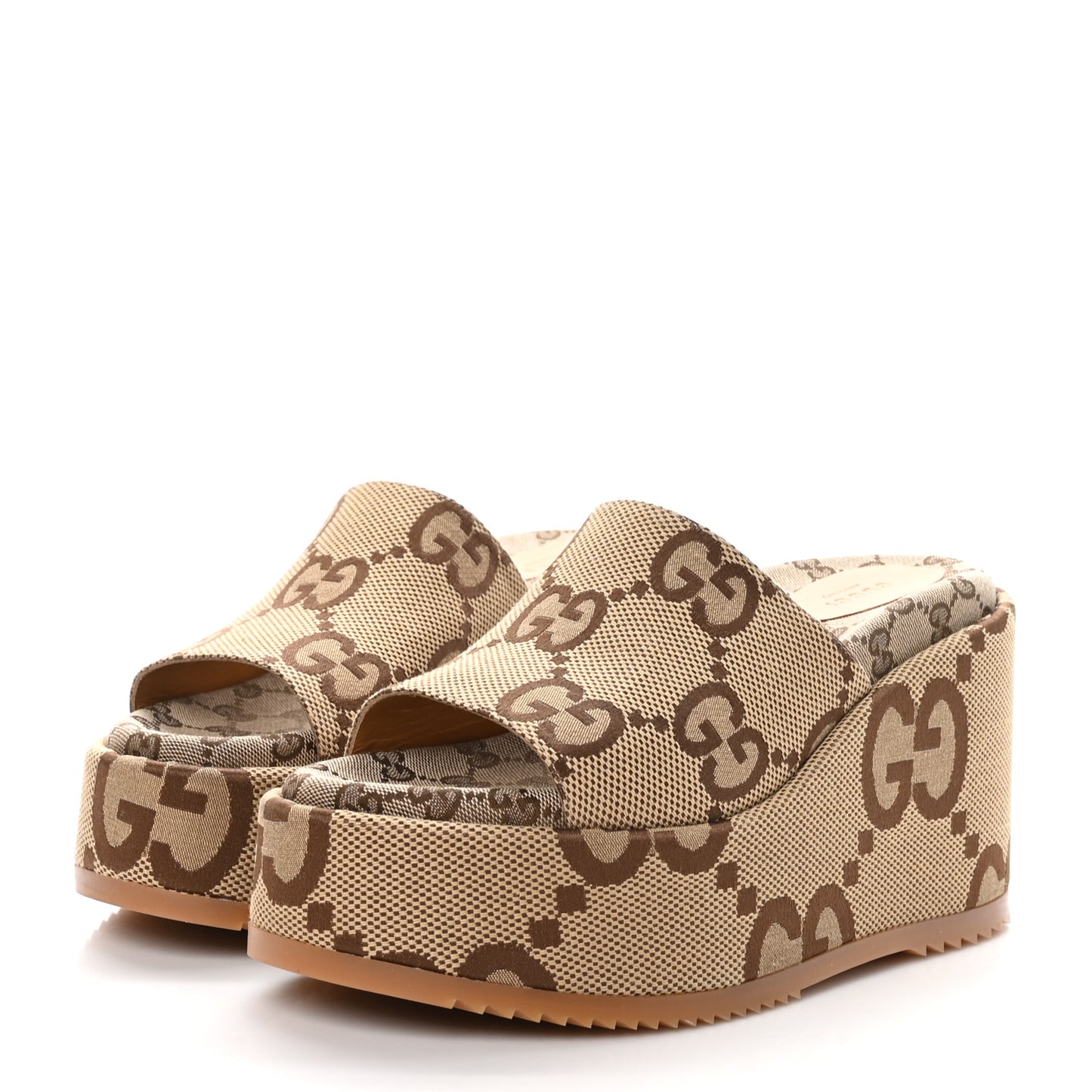 Monogram Jumbo GG Platform Slide Wedge Sandals 40 Camel Ebony