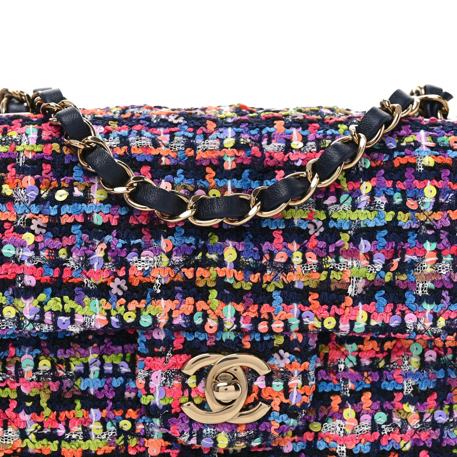 Chanel Tweed Quilted Mini Rectangular Flap Navy Blue Multicolor