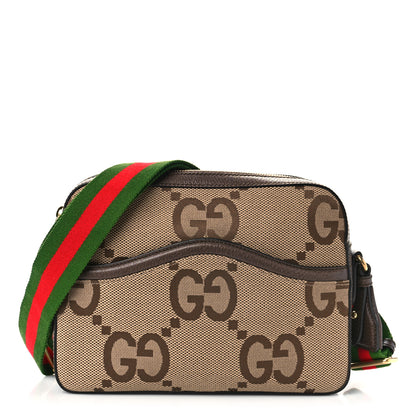 Gucci Monogram Jumbo GG Textured Dollar Calfskin Web Messenger Shoulder Bag Camel Ebony New Acero 1 of 9