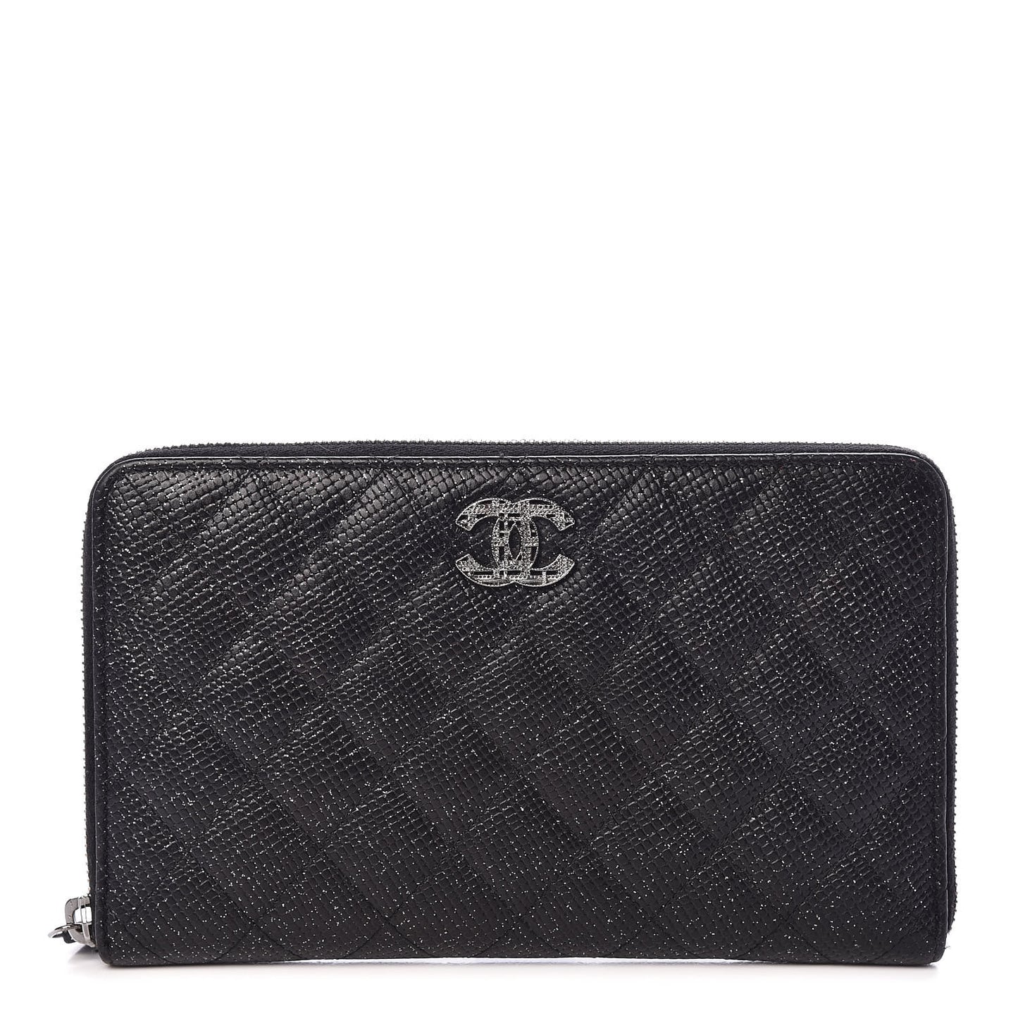 Glittered Calfskin Quilted Large Gusset Zip Wallet Black