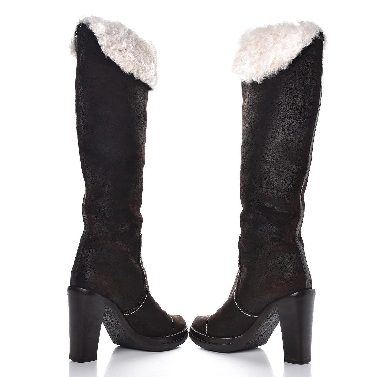 Shearling Suede Monogram Knee High Tall Boots 37 Brown