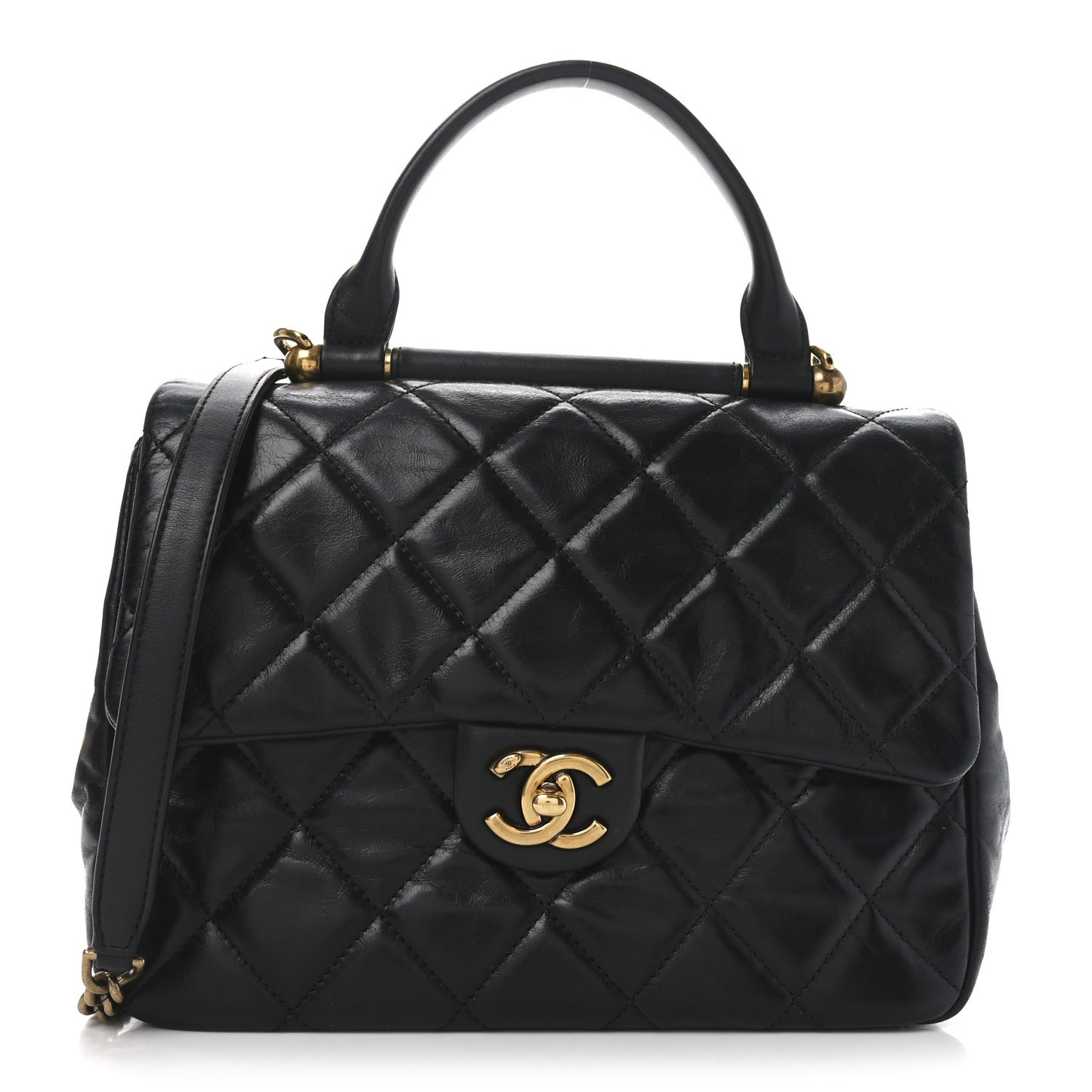 Glazed Calfskin Quilted Medium Gold Bar Top Handle Flap Black