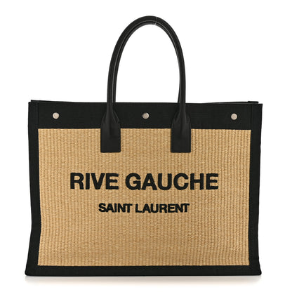 Saint Laurent Raffia Linen Calfskin Rive Gauche Tote Naturale Black 1 of 12