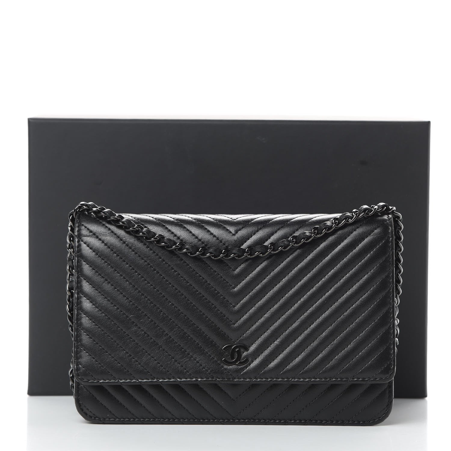 Chanel Lambskin Chevron Quilted Wallet On Chain WOC So Black 16 of 16