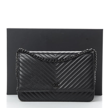 Chanel Lambskin Chevron Quilted Wallet On Chain WOC So Black 16 of 16