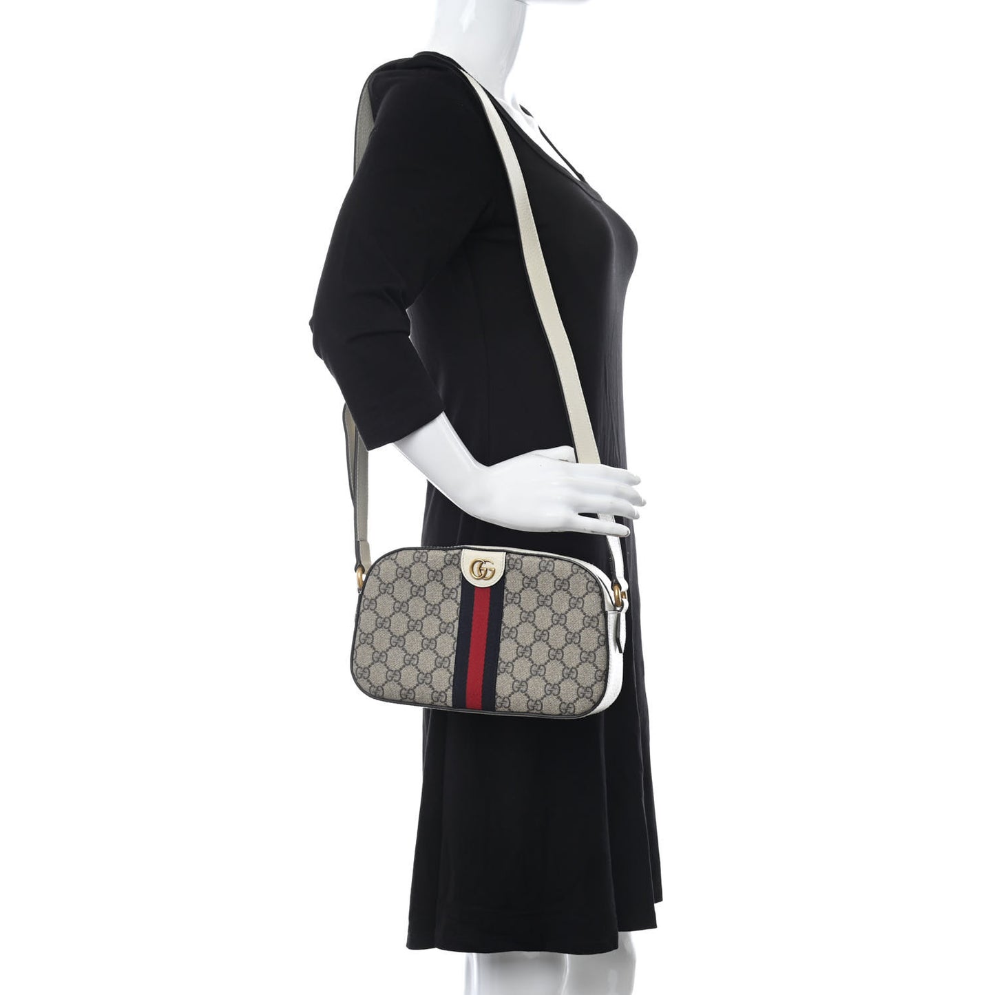 GG Supreme Monogram Textured Calfskin Web Small Ophidia Camera Bag Beige Ebony Mystic White
