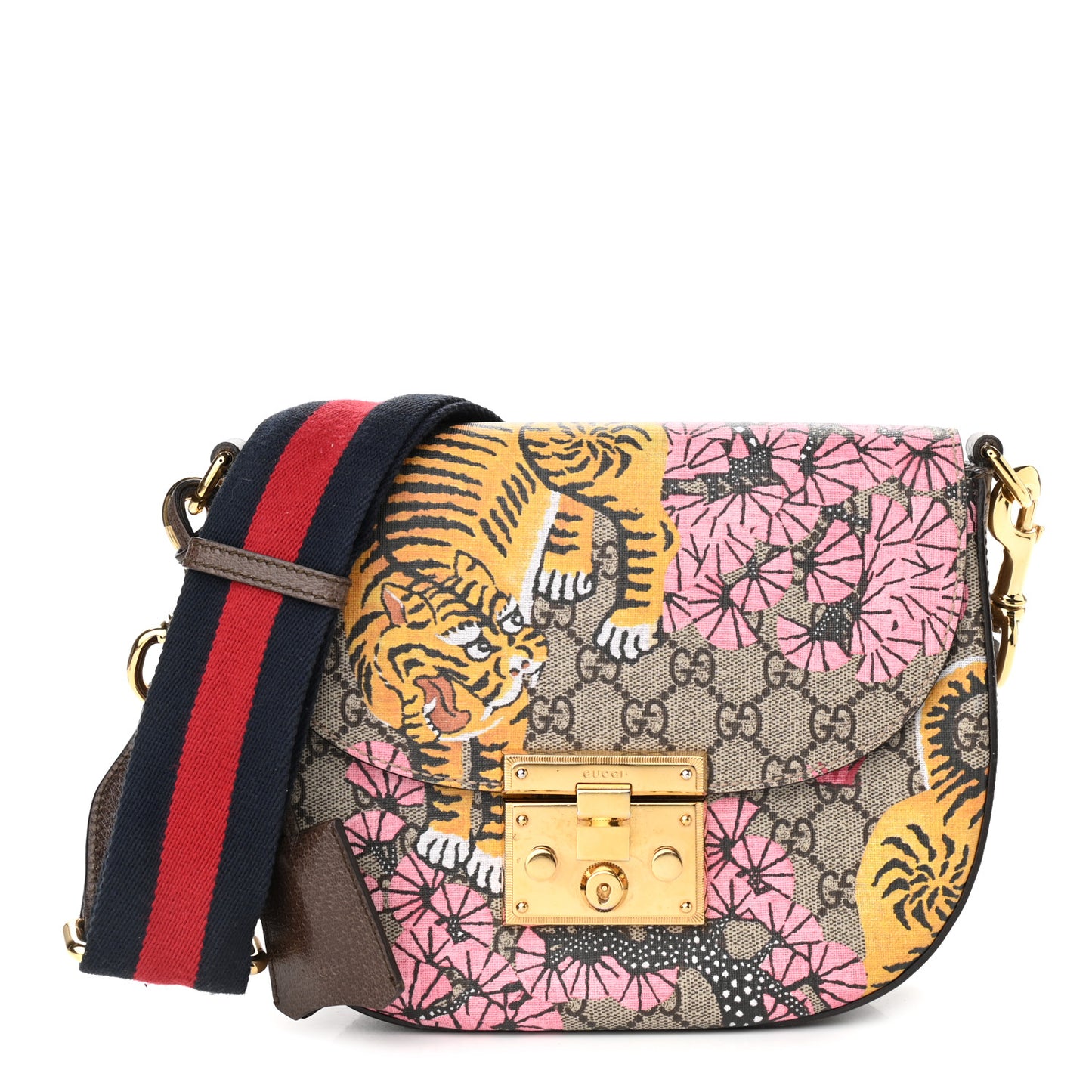 GG Supreme Monogram Bengal Web Medium Padlock Messenger Shoulder Bag Beige Pink