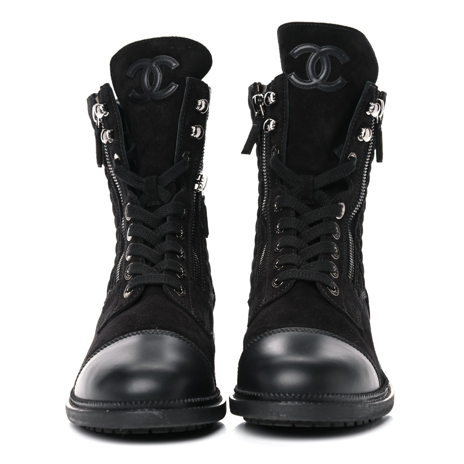 Chanel Suede Quilted CC Lace Up Combat Boots 41 Black 2 of 11