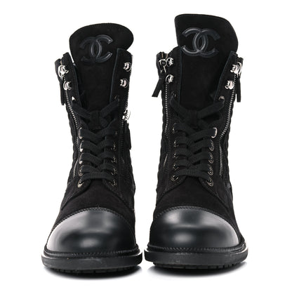 Chanel Suede Quilted CC Lace Up Combat Boots 41 Black 2 of 11
