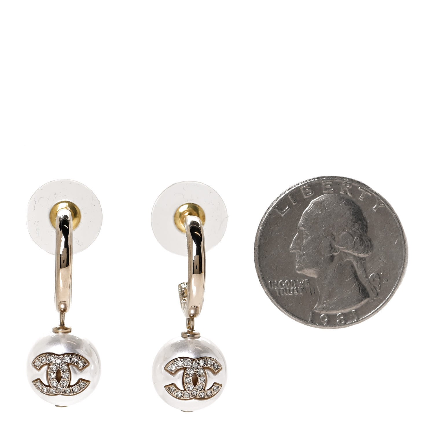 Chanel Pearl Crystal CC Drop Earrings Gold Pearly White 2 of 4