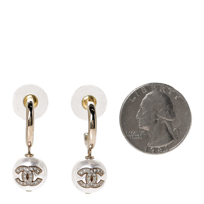 Chanel Pearl Crystal CC Drop Earrings Gold Pearly White 2 of 4