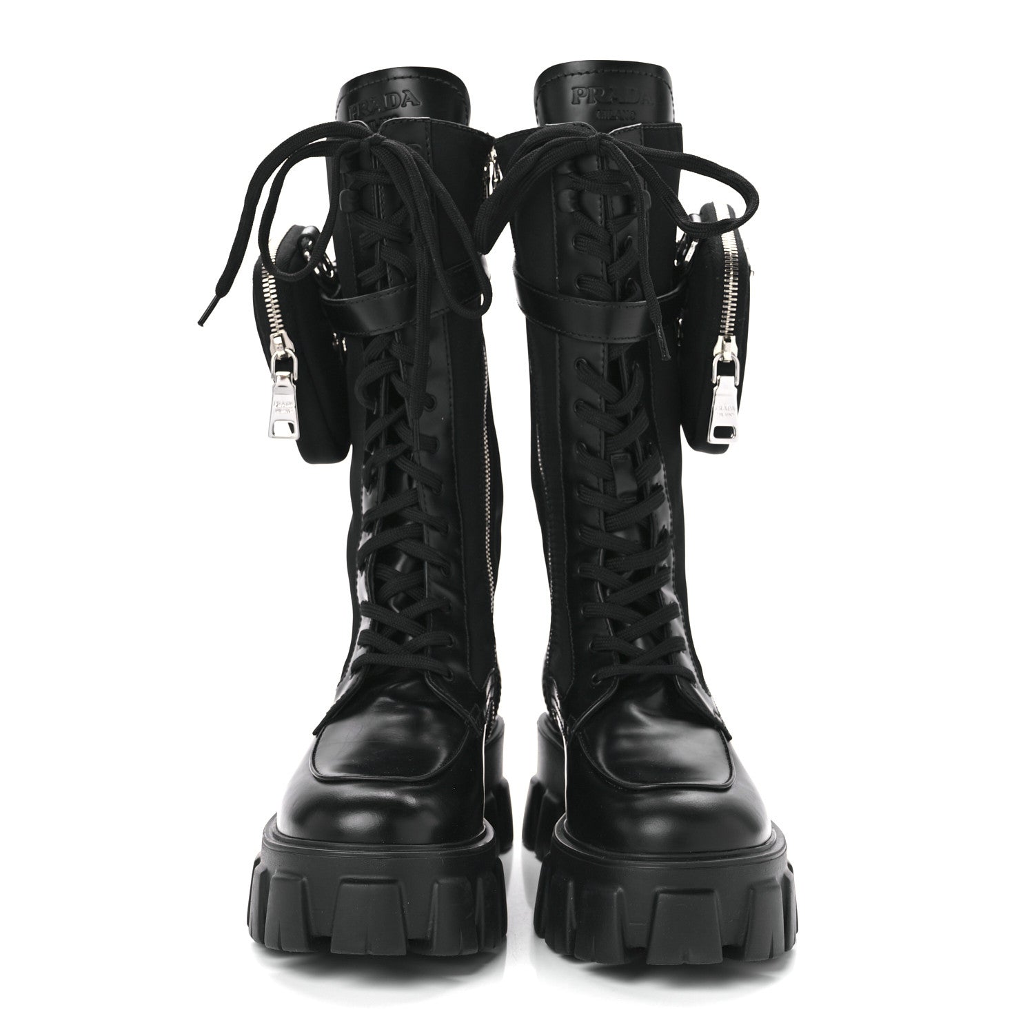 Prada Spazzolato Rois Re-Nylon Metal Triangle Logo Monolith Pouch Pocket 55mm Tall Combat Boots 38 Black 2 of 7