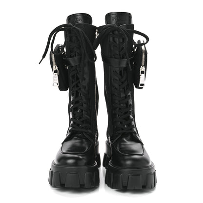 Prada Spazzolato Rois Re-Nylon Metal Triangle Logo Monolith Pouch Pocket 55mm Tall Combat Boots 38 Black 2 of 7