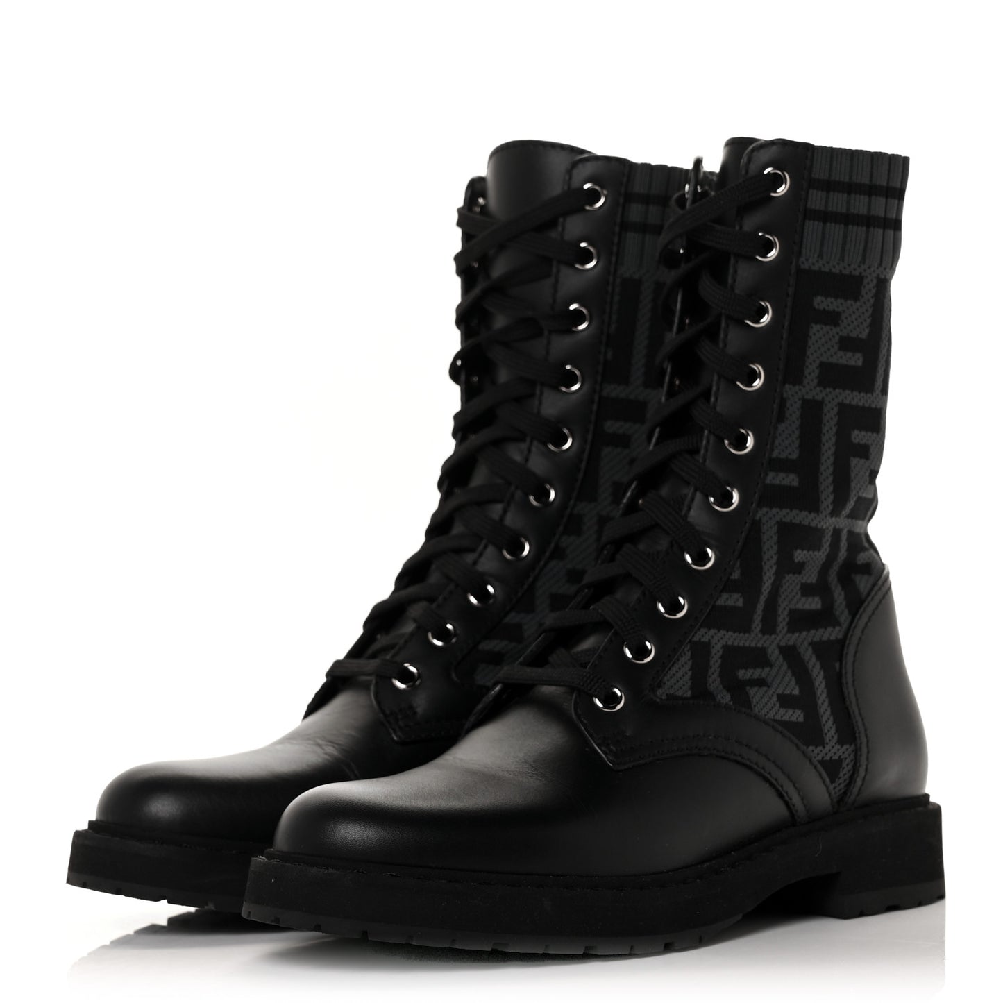 Calfskin Stretch Fabric FF Rockoko Biker Boots 36 Black Charcoal
