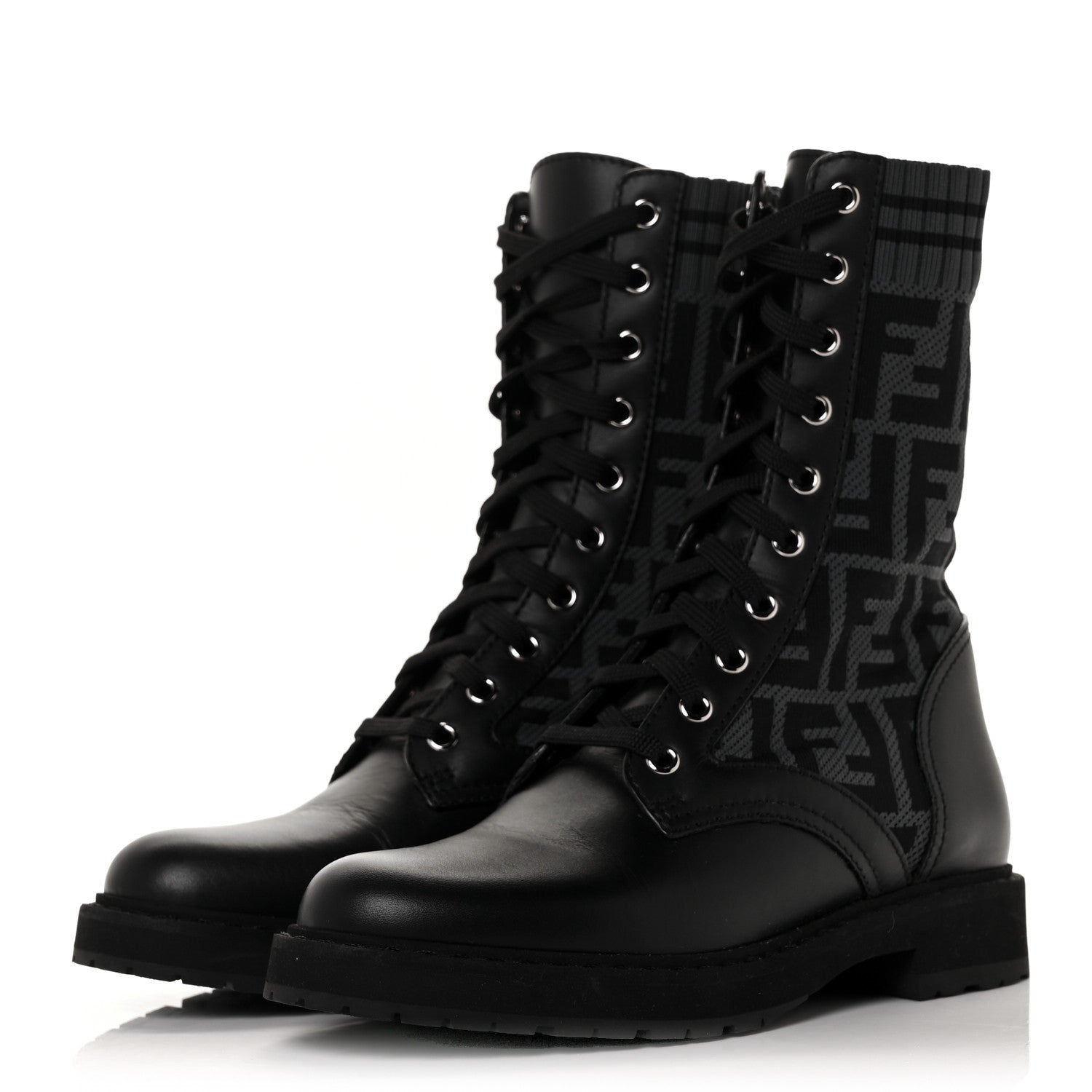 Fendi Calfskin Stretch Fabric FF Rockoko Biker Boots 36 Black Charcoal 3 of 7