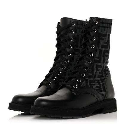 Fendi Calfskin Stretch Fabric FF Rockoko Biker Boots 36 Black Charcoal 3 of 7