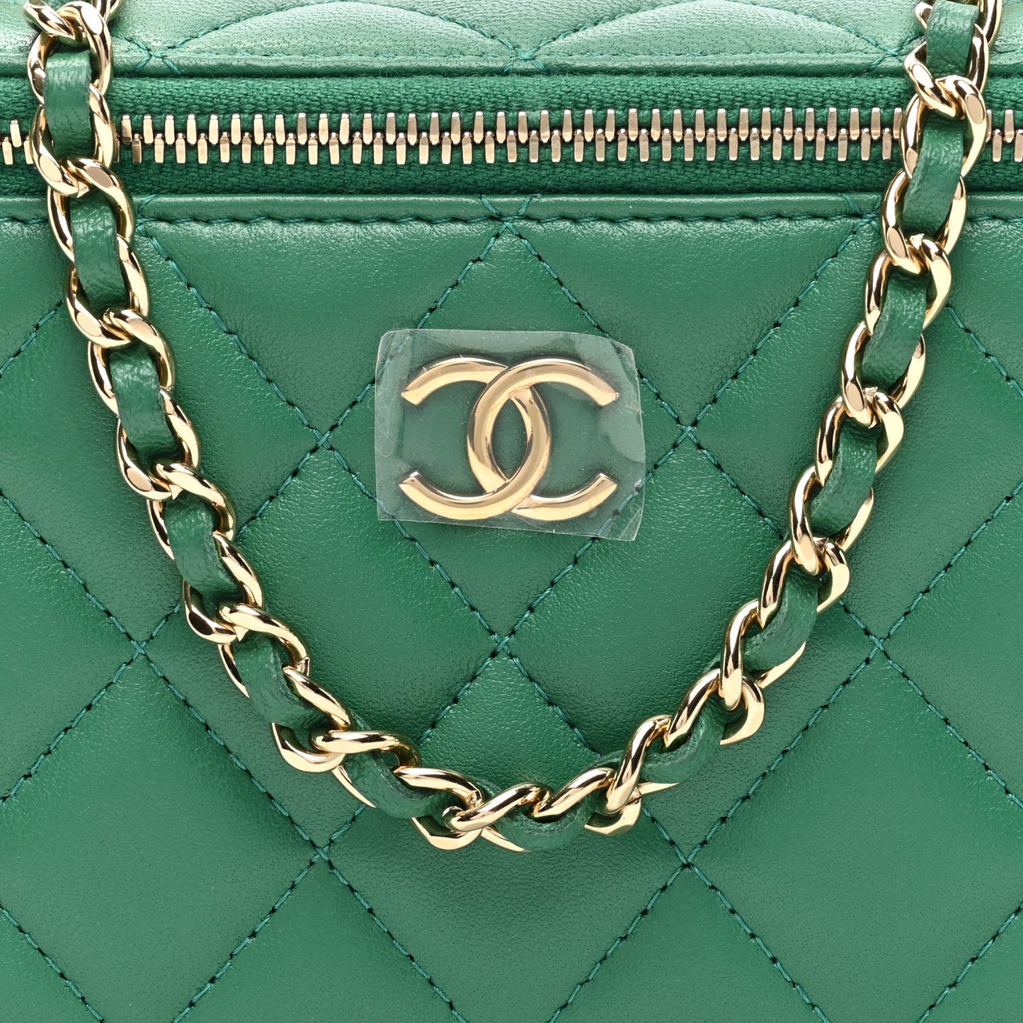 Lambskin Quilted Small Top Handle Vanity Case With Chain Green