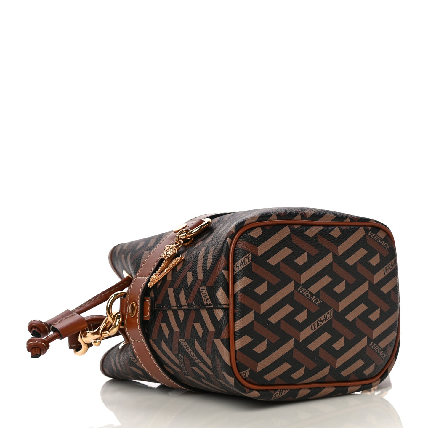Coated Canvas La Greca Mini Bucket Bag Black Caramel