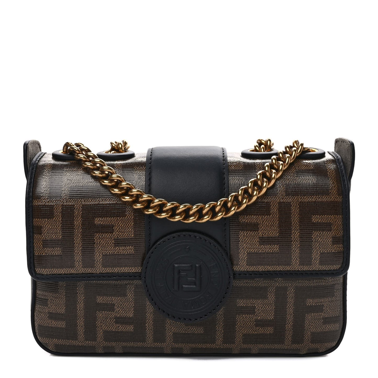 Glazed Fabric Vitello Century FF 1974 Stamp Patch Mini Double F Crossbody Bag Mogano Panna Black
