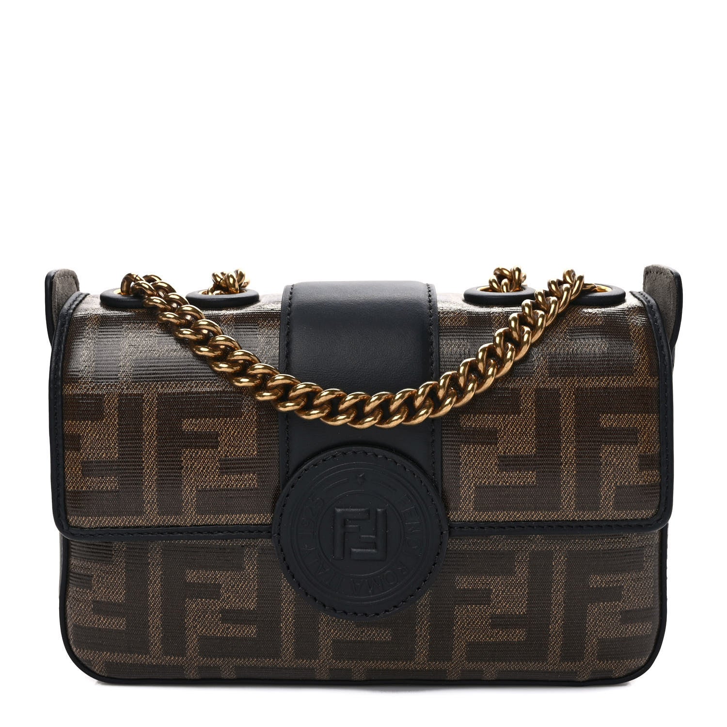 Fendi Glazed Fabric Vitello Century FF 1974 Stamp Patch Mini Double F Crossbody Bag Mogano Panna Black 1 of 9
