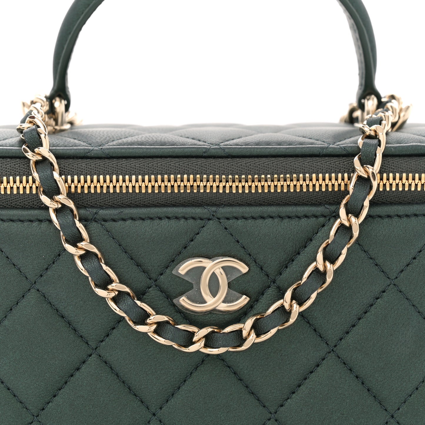 Iridescent Lambskin Quilted Small Top Handle Vanity Case With Chain Green