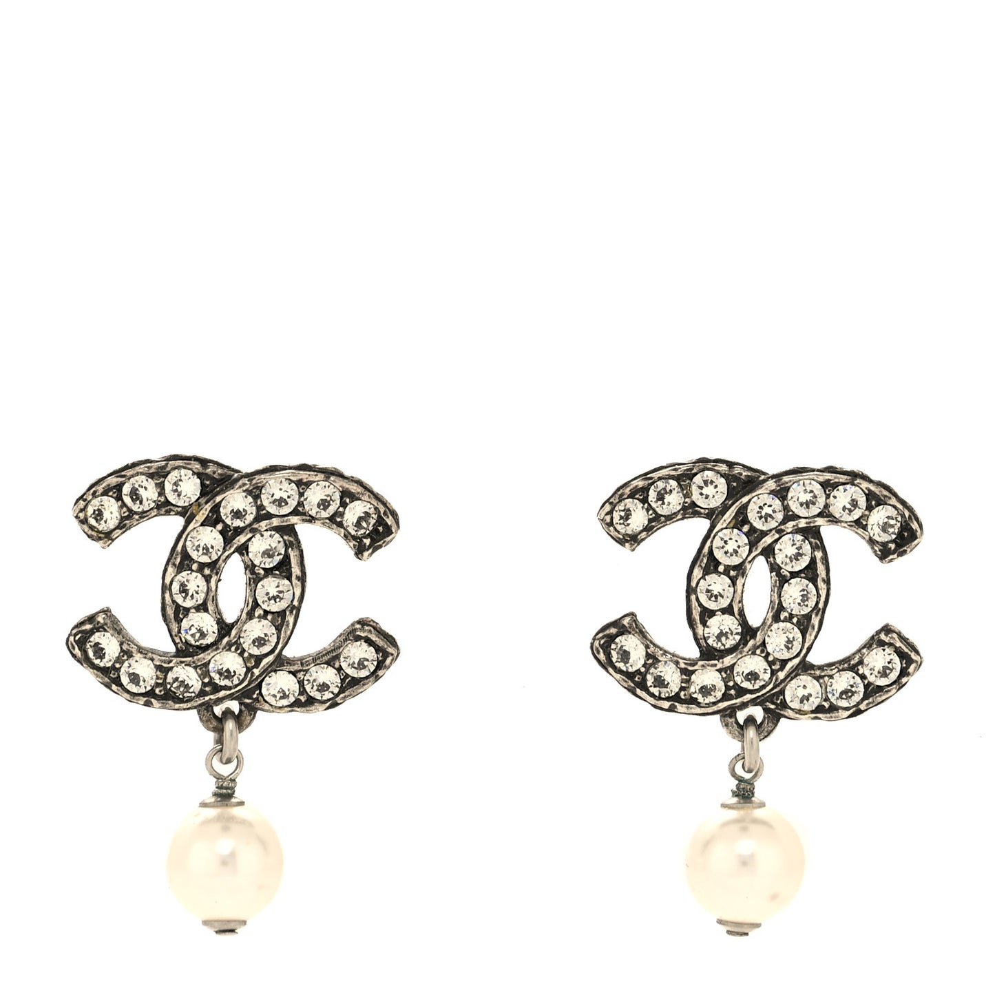 Crystal Pearl CC Drop Earrings Ruthenium