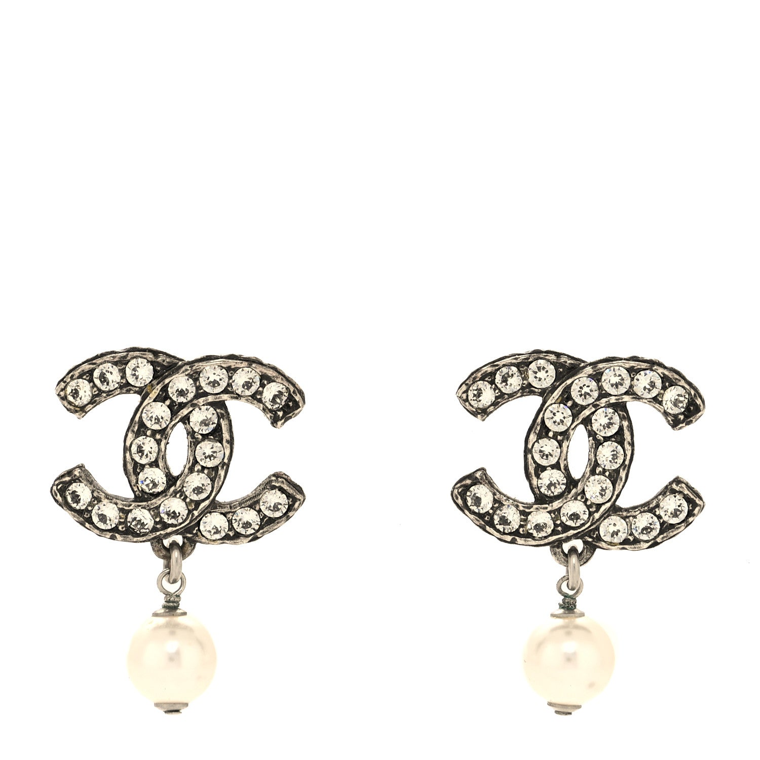 Chanel Crystal Pearl CC Drop Earrings Ruthenium 1 of 4