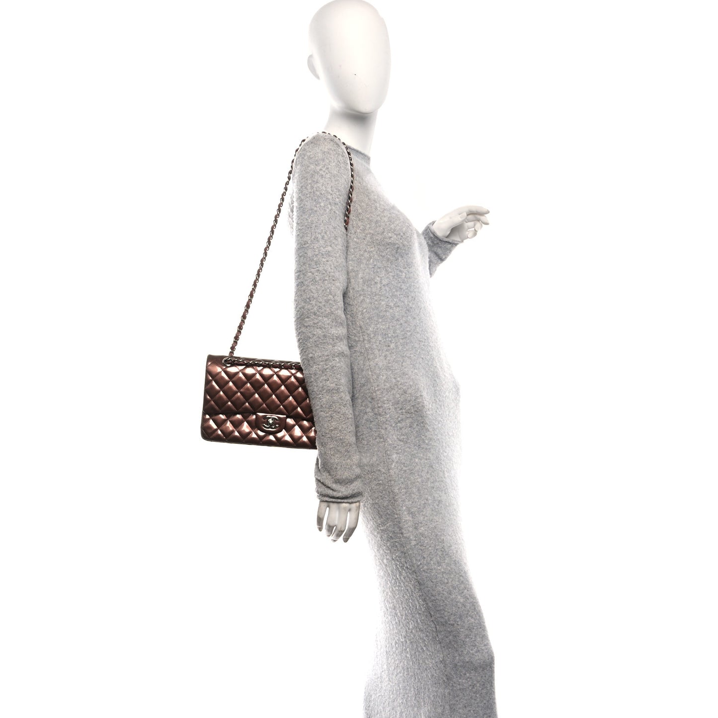 Striated Patent Quilted Medium Double Flap Bronze