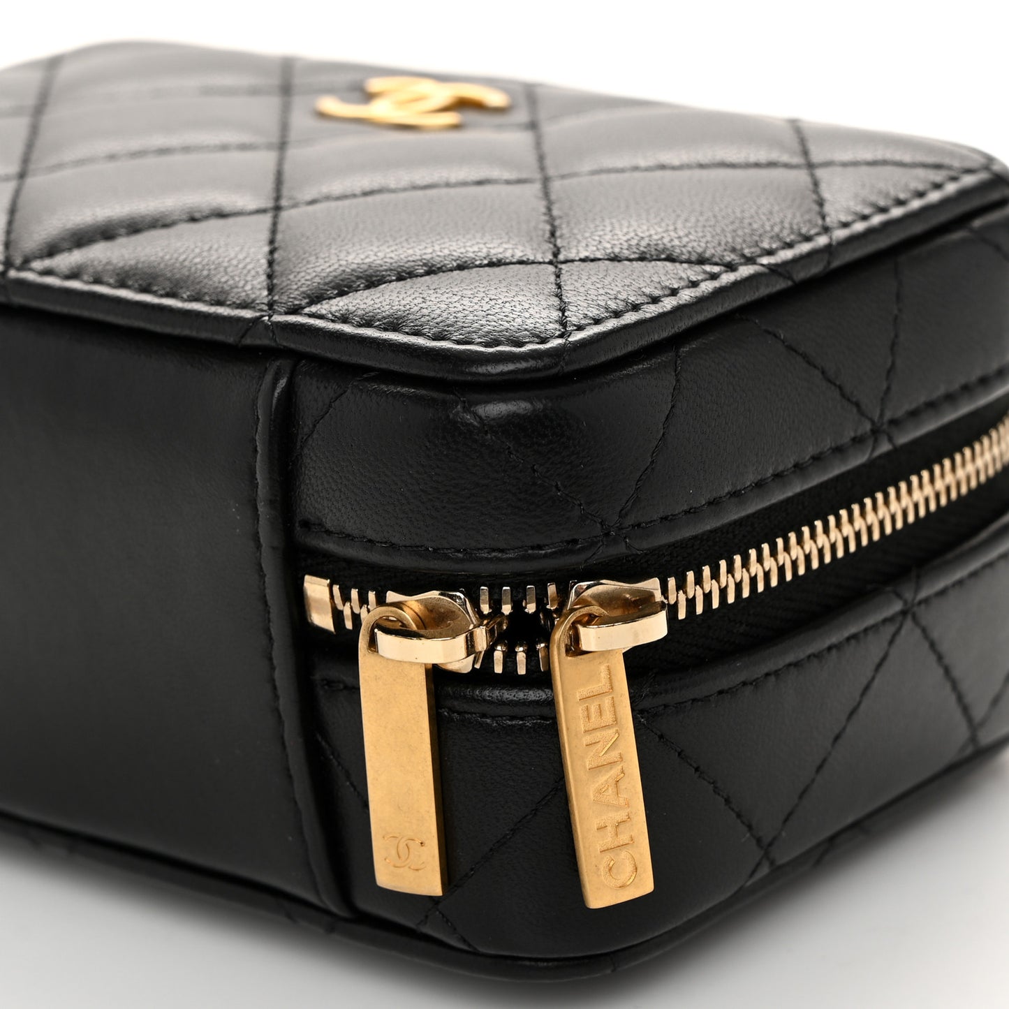 Lambskin Quilted Top Handle Mini Vanity Case Black