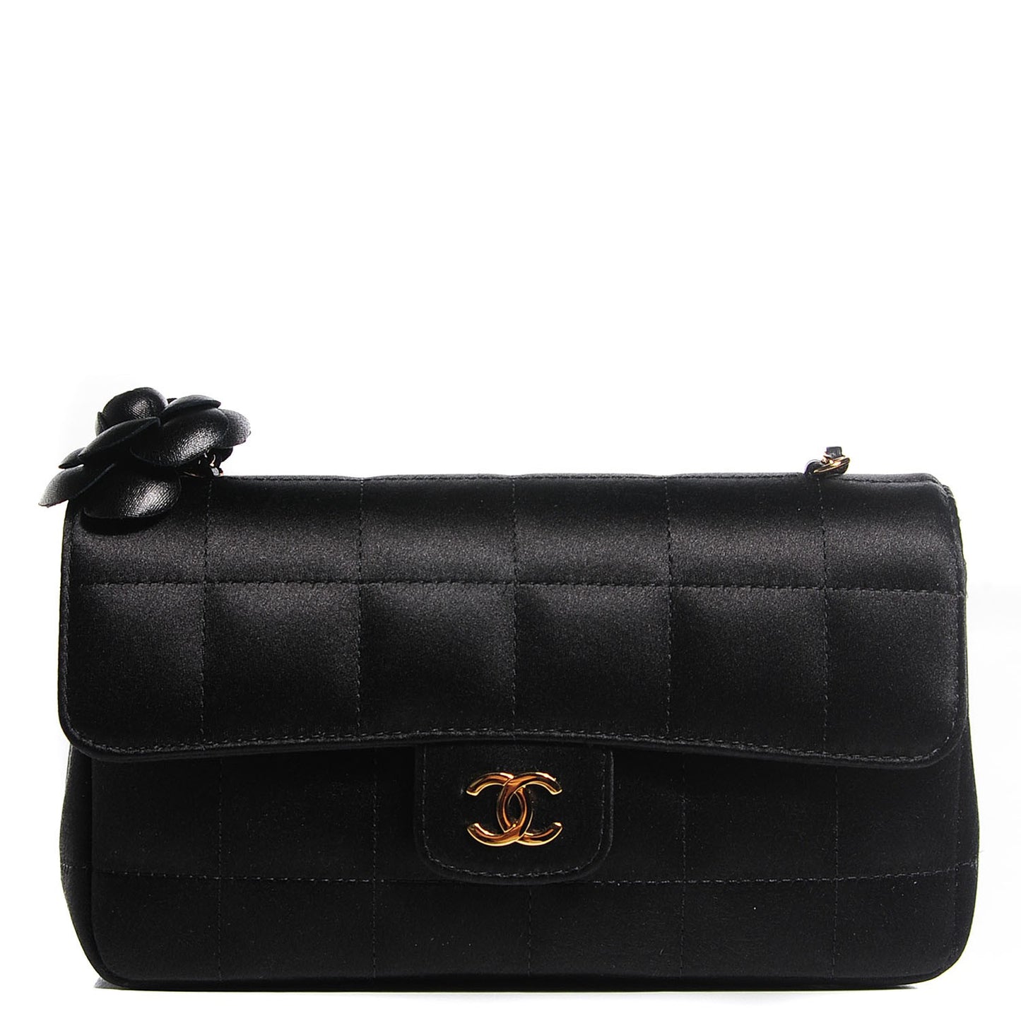 Satin Chocolate Bar Quilted Camellia Rectangular Mini Flap Black