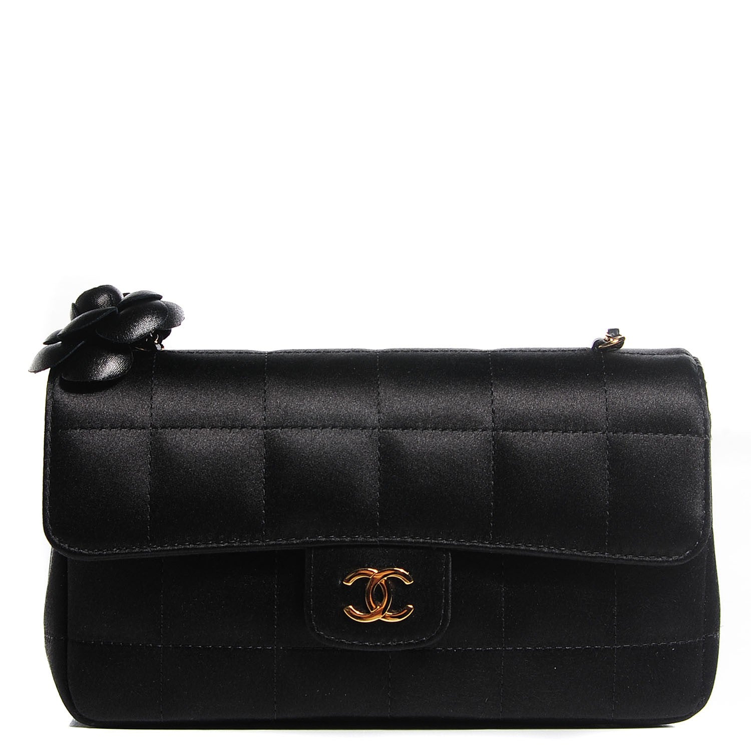 Chanel Satin Chocolate Bar Quilted Camellia Rectangular Mini Flap Black 1 of 7