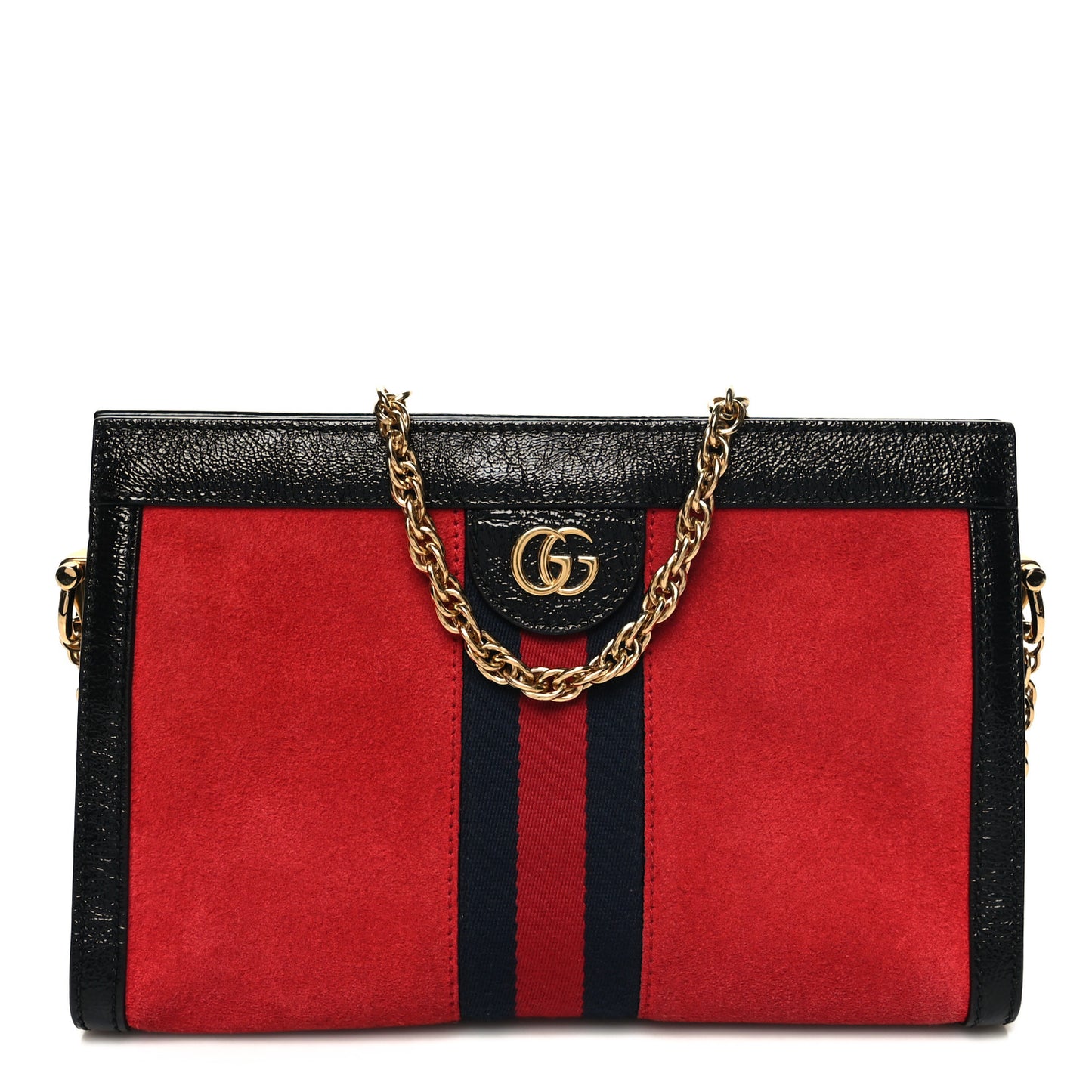 Suede Patent Web Small Ophidia Chain Shoulder Bag Hibiscus Red Black