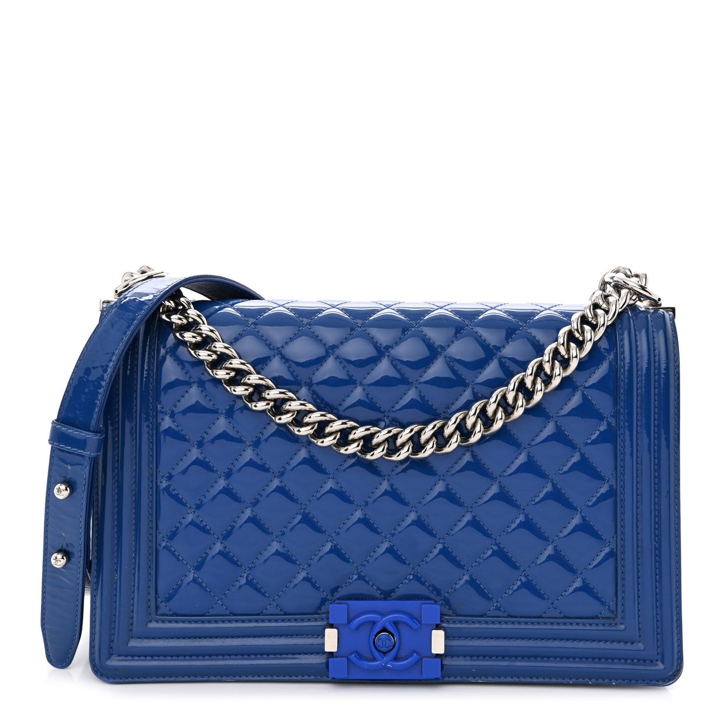 Patent Calfskin Quilted New Medium Plexiglass Boy Flap Blue