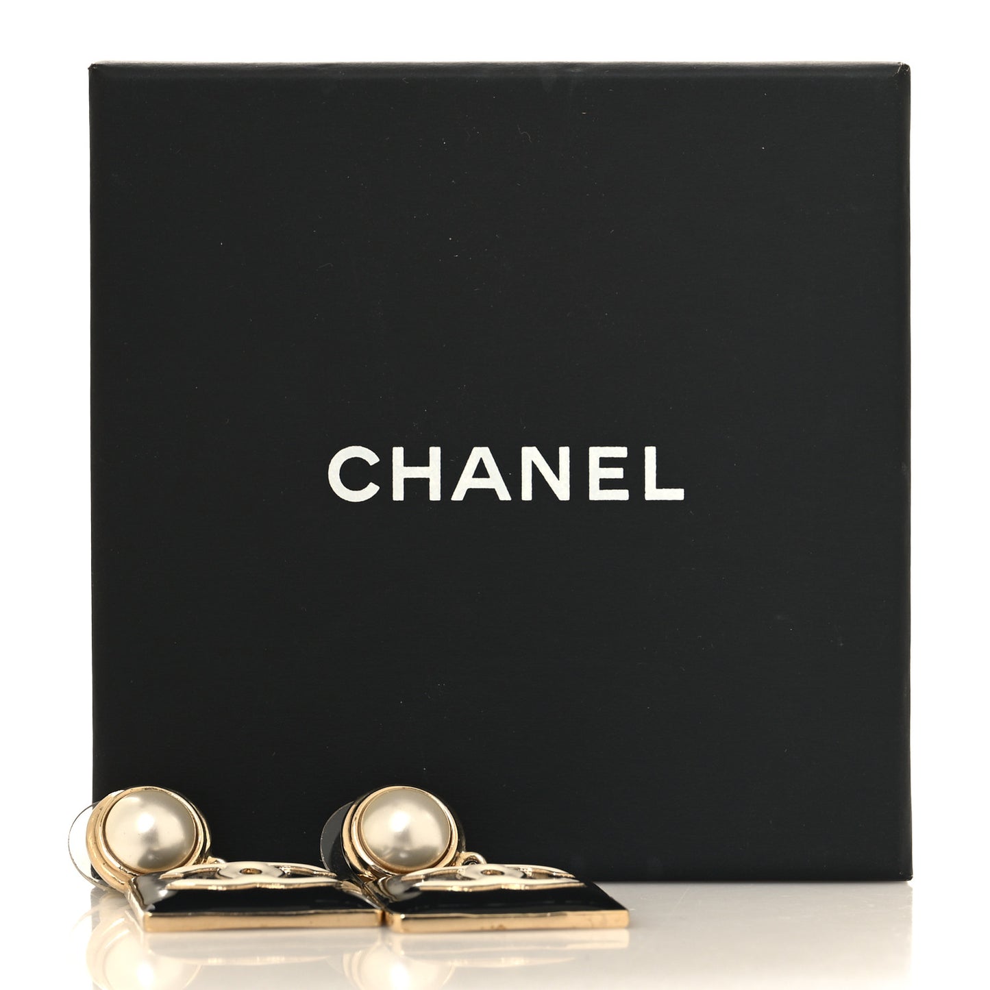 Metal Enamel Pearl Square CC Drop Earrings Gold Black White