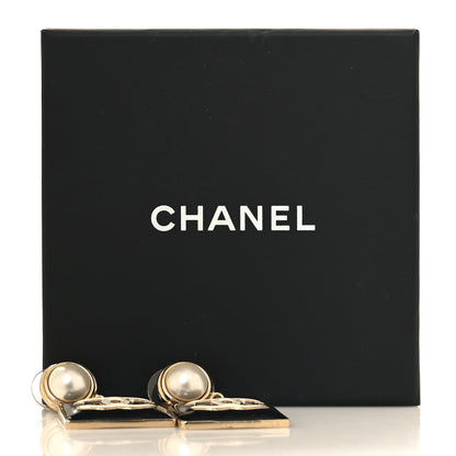 Chanel Metal Enamel Pearl Square CC Drop Earrings Gold Black White 6 of 6