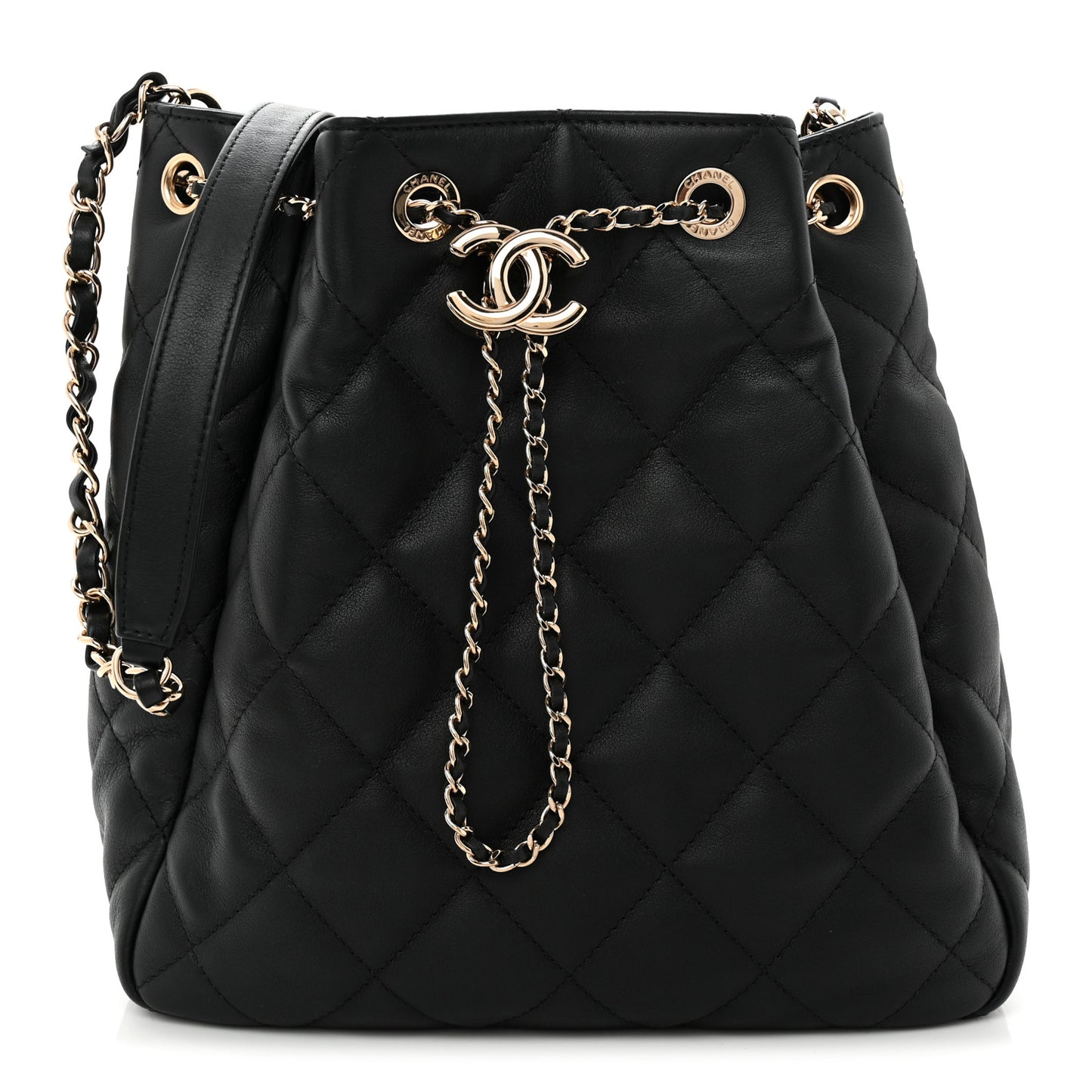 Goatskin Quilted Chain Drawstring Bag Black